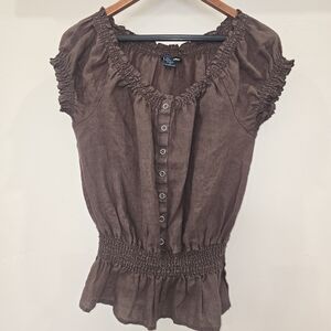 Y2K Linen Saint Tropez West Women's Small Brown Peasant Top Ruched Buttons